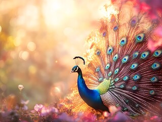 Obraz premium Majestic Peacocks: Vibrant Wildlife with Colorful Feathers in a Picturesque Garden Scene