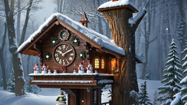 Snowy Wooden Cuckoo Clock Cabin with Winter Forest Background