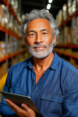 Older warehouse manager with digital tablet inspecting goods at a modern shipping and storage facility.