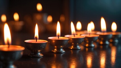 Detailed shot of tea candles on fire in the dark, with their flames mirrored