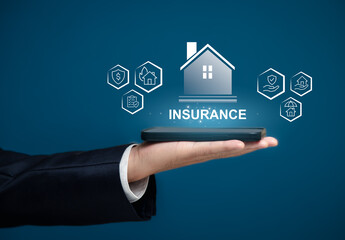 Person Holding Smartphone with Home Insurance Icons on Background