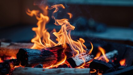 Intimate perspective of flames with firewood, coals, and ashes.