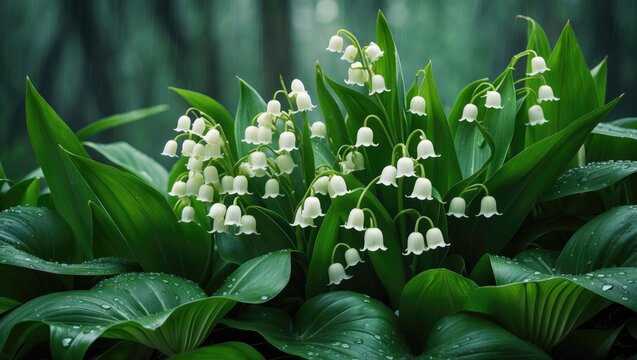 Rainy day scene with blooming lily of the valley