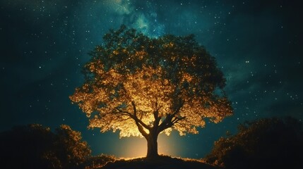 An illuminated tree stands prominently beneath a starry night
