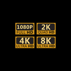 8k Ultra Hd icon, 4k Ultra Hd, 2k Ultra Hd, 1080 Full Hd Resolution icon isolated on black background