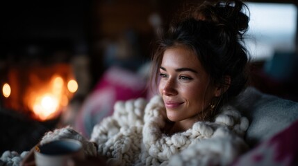 Cozy woman relaxing near a warm fireplace with a chunky knit blanket and enjoying a hot drink on a cold day