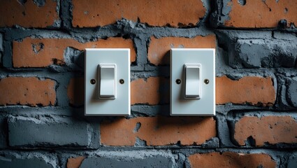 Macro shot of dual wall switches or lamp switches mounted on brick wall