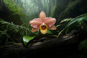 A vibrant orchid in a misty forest scene.