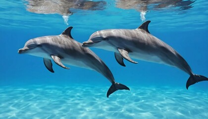 Fototapeta premium Two Dolphins Swimming in Clear Blue Ocean Water