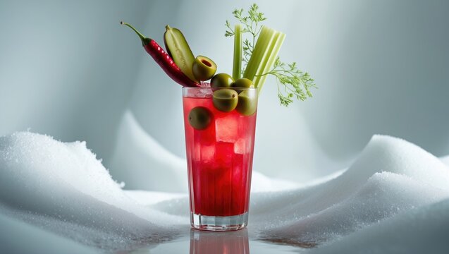 Giant Bloody Mary beverage with a stick and pickles, celery, olives, pepper, and onion presented on white.