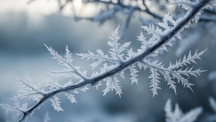 Ice crystal-covered branches present a fragile and organic winter texture. The gentle background blur enhances the peaceful and frosty mood.