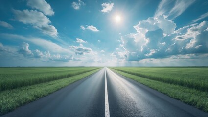 Fototapeta premium A peaceful, deserted road beneath a clear blue sky with sun shining and clouds drifting.
