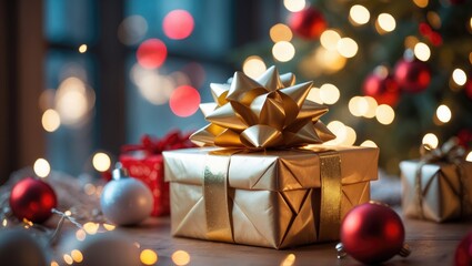 Background with Christmas gifts illuminated by bright lights