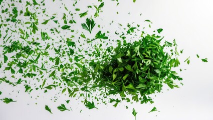 Obraz premium Flying chopped dry parsley leaves, heap on a background