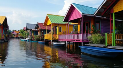 Fototapeta premium Vibrant floating houses colorful village travel photography serene waterway eye-level view culture exploration