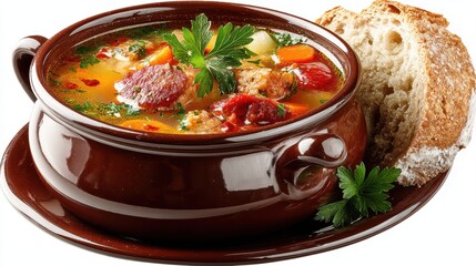 a warm bowl of soup with bread on the side on a white isolated background, cozy and comforting look