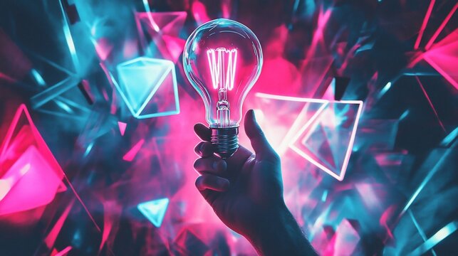 Hand holding glowing lightbulb against vibrant neon geometric background. - Powered by Adobe