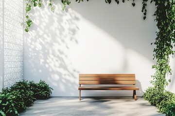 Wooden bench in sunlit minimalist garden with white wall, plants, and vines.