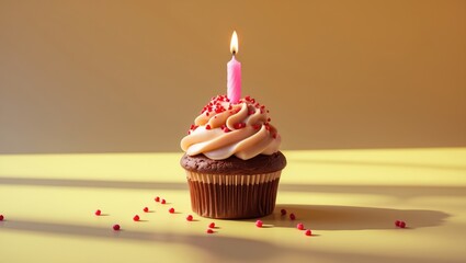 Chocolate cupcake with a candle on a plain background providing copyspace