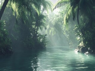 Explore the Serene Beauty of a Tropical Rainforest: Misty Morning Light on a Reflective River with Lush Green Foliage and Exotic Palm Trees