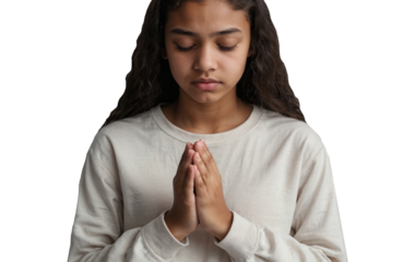 Teen girl praying with eyes closed on transparent background