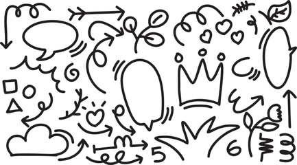 Obraz premium Cute hand drawn doodle vector set, love, Natural , star, cloud, weather, rainbow, flower, bubble, heart and creative design vector collection.