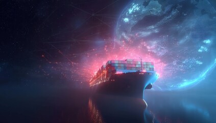 A cargo ship sails at night with digital connections linking it to a glowing Earth, symbolizing global trade and technology.