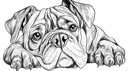 Obraz premium Pen and ink drawing of a bulldog lying down, looking sad.