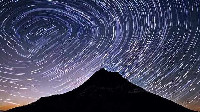 Rotating Star Trails Timelapse Over Silhouetted Mountain Peak Night Sky