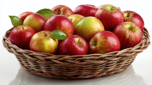 a basket of fresh apples on a white isolated background, healthy and vibrant design