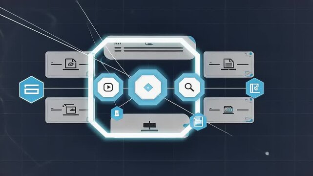 Digital interface showcasing various technology icons and search functionalities on a dark background