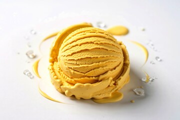 A photograph of a scoop of yellow ice cream on a white background