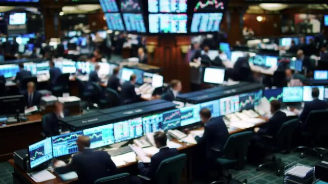 Busy Stock Exchange Trading Floor Blurred Monitors and Professionals Working