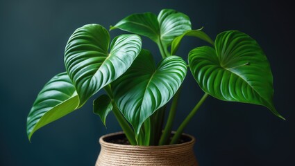 Zoomed-in image of a heart-shaped leaf from a tropical plant with a beautiful lace pattern set on a dark surface