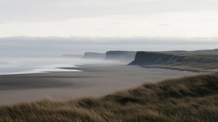 A coastal landscape with a beach, cliffs, and foggy atmosphere.