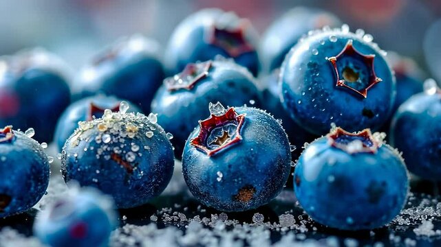 Display fruit, berry freshness, sugary coating. Frost appeal. Blueberries glimmer with icy particles. Sweetness enhances distinct texture. Visual temptation excites taste buds.