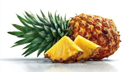 a juicy slice of pineapple on a white isolated background, tropical and refreshing design