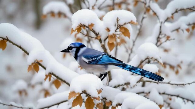 A vibrant blue jay pecking snow-covered branches, showcasing nature's beauty in a serene winter landscape.