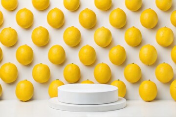 Yellow lemons on a white table with an empty podium in the center for product display.