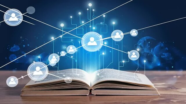 Open book with glowing digital connections, symbolizing knowledge sharing and technology advancement