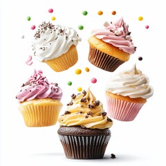 Five assorted cupcakes with colorful sprinkles, levitating against a white background.