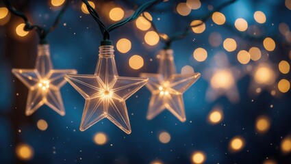 Gold garland lights illuminating Christmas over a dark surface with glitter accents