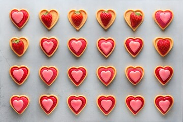 Mini heart-shaped tarts with strawberries on a concrete background, perfect for Valentine's Day.