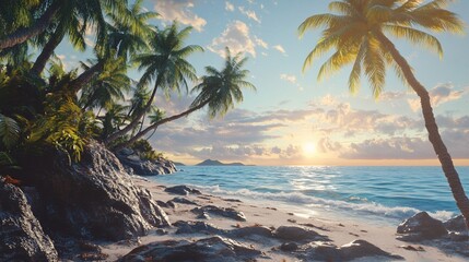 Idyllic sunset on a tropical beach with palm trees, rocks, and calm ocean waves.