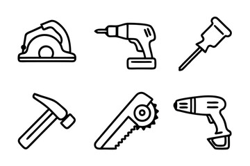 Set of power tools including a drill, hammer, saw, and screwdriver in minimalist line art, showcasing essential equipment for construction and DIY projects labour day or labor day line art icon set