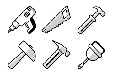 power tools such as drills, saws, hammers, and a sander in black and white style, ideal for home improvement and workshop designs labour day or labor day line art icon set