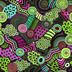 Abstract hand-drawn drawing of bright colors of chaotic shapes.Seamless pattern.
