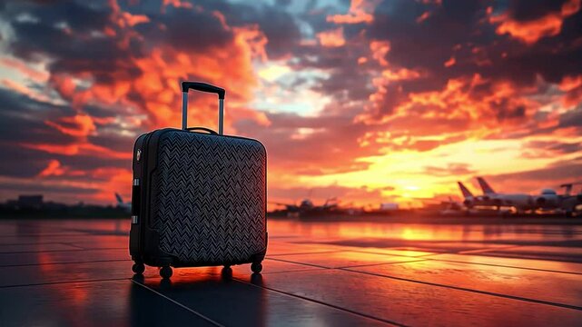 Stylish suitcase on airport tarmac at sunset, surrounded by vibrant clouds and dramatic sky, evokes sense of travel adventure.