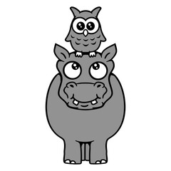 Owl sitting on hippo funny 2 friends riding head Isolated Vector Graphic Design Illustration
