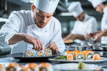 Chef meticulously prepares sushi rolls in a professional kitchen setting, surrounded by colleagues.
